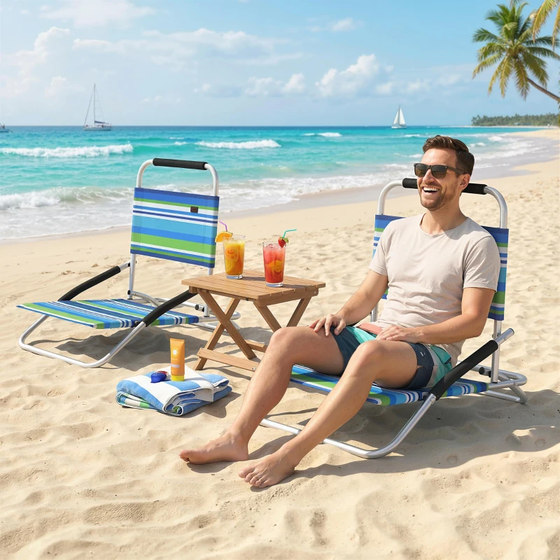 Outsunny Beach Chair Set of 2, Folding Backpack Beach Chairs, Outdoor Lounge Chair with Hidden Pocket for Patio, Pool