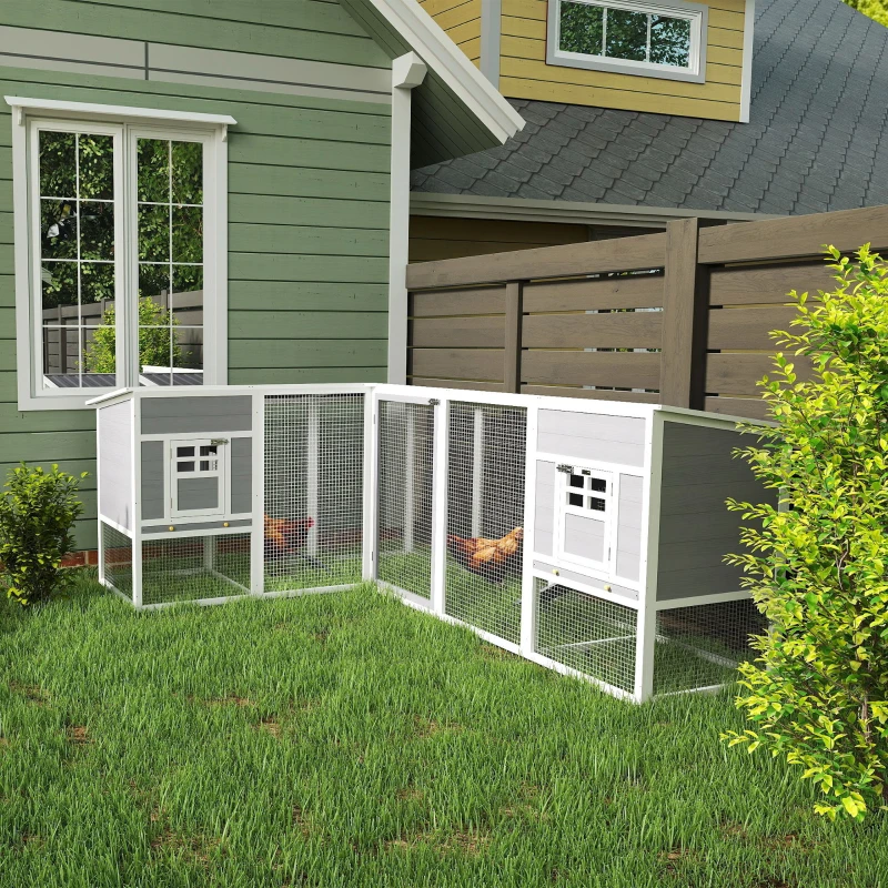 PawHut Chicken Coop with Run, L-Shaped Wooden Chicken House with 2 Houses, Outdoor Hen House with Waterproof Roof and Ramps