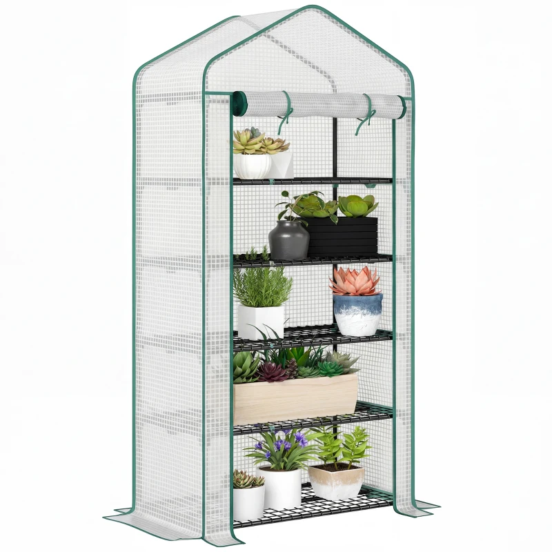 Outsunny 5 Tier Mini Greenhouse, Small Portable Greenhouse with PE Cover, Roll-Up Zippered Door, 76" x 35.4" x 19.3", White