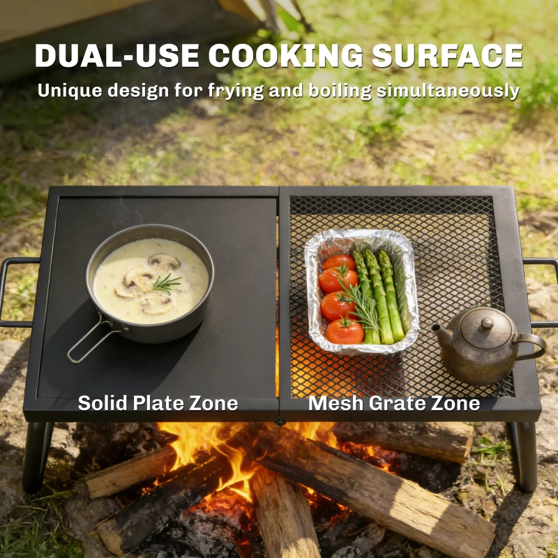 Outsunny Folding Campfire Grill, Heavy Duty Steel Mesh Grate, Portable Camping Grate with Carry Bag, Black