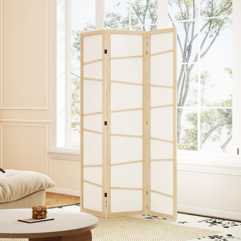 HOMCOM 66.9" Folding Room Divider, 3 Panel Wall Partition with Wood Frame for Bedroom, Home Office, Natural Wood