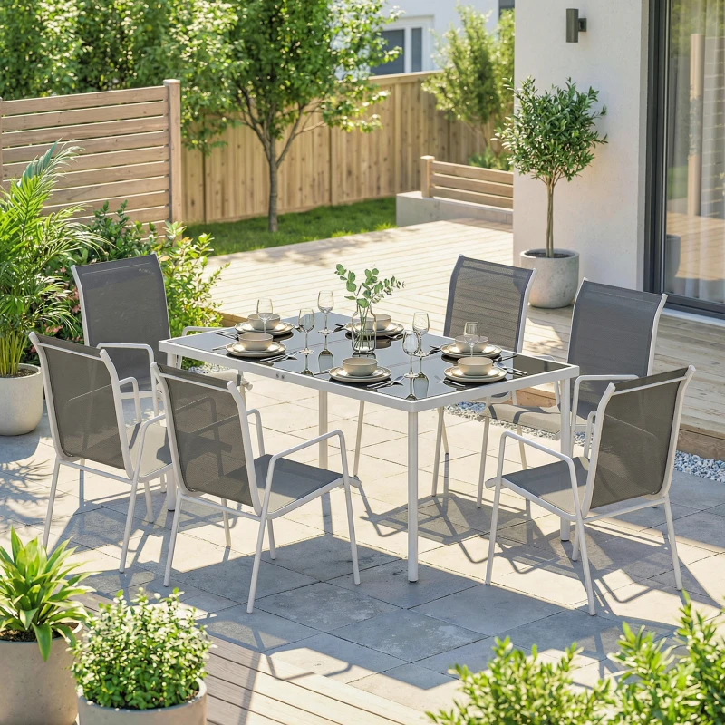Outsunny 7 Piece Garden Dining Set, Garden Furniture Set with Rectangle Table and 6 Stackable Chairs
