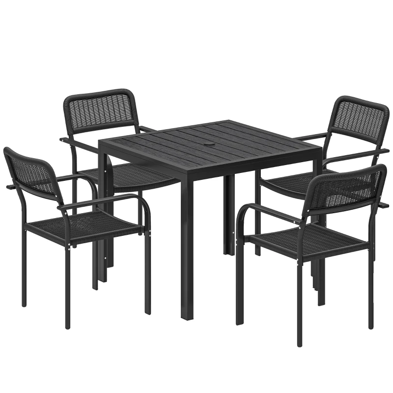 Outsunny Outdoor Dining Set for 4, Faux Wood Metal Patio Table and Stackable Chairs with Plastic Rattan Effect Seat, Black