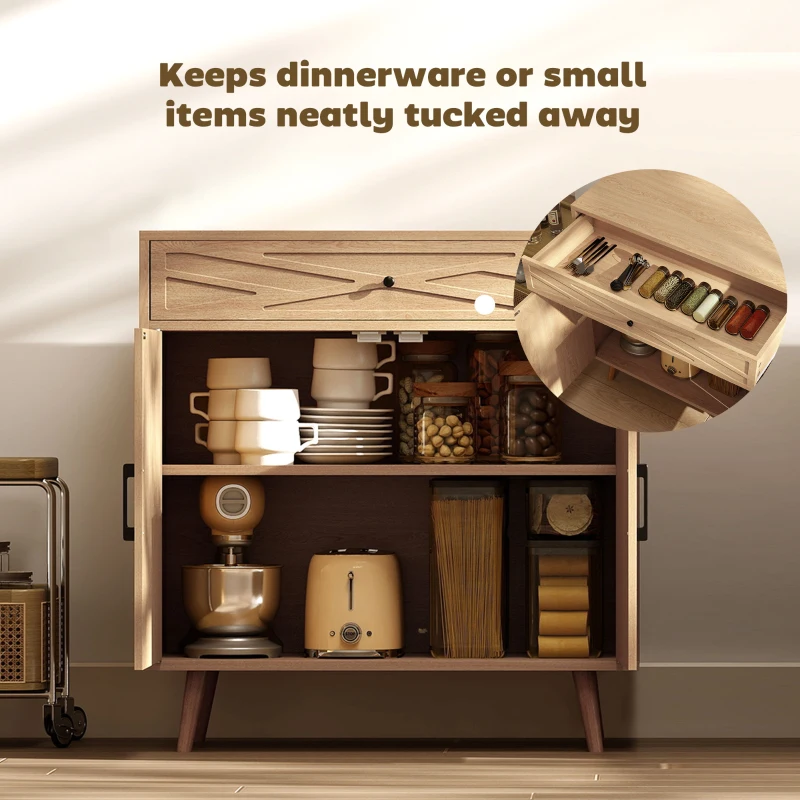 HOMCOM 30" Sideboard with Patterned Doors, Buffet Cabinet with Drawer and Cabinet for Dining Room, Oak