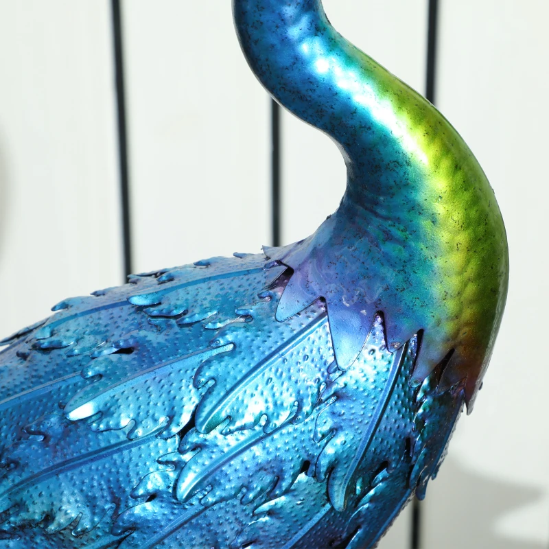 Outsunny Peacock Garden Statue, 32.7" Standing Lawn Ornament Bird Statue with Stakes for Lawn Navy Blue