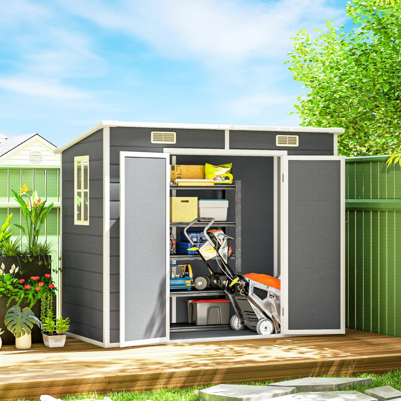 Outsunny 8' x 4' Plastic Outdoor Storage Shed with Floor, Window, Lockable Doors and Vents for Backyard Patio Lawn, Gray(m-10)