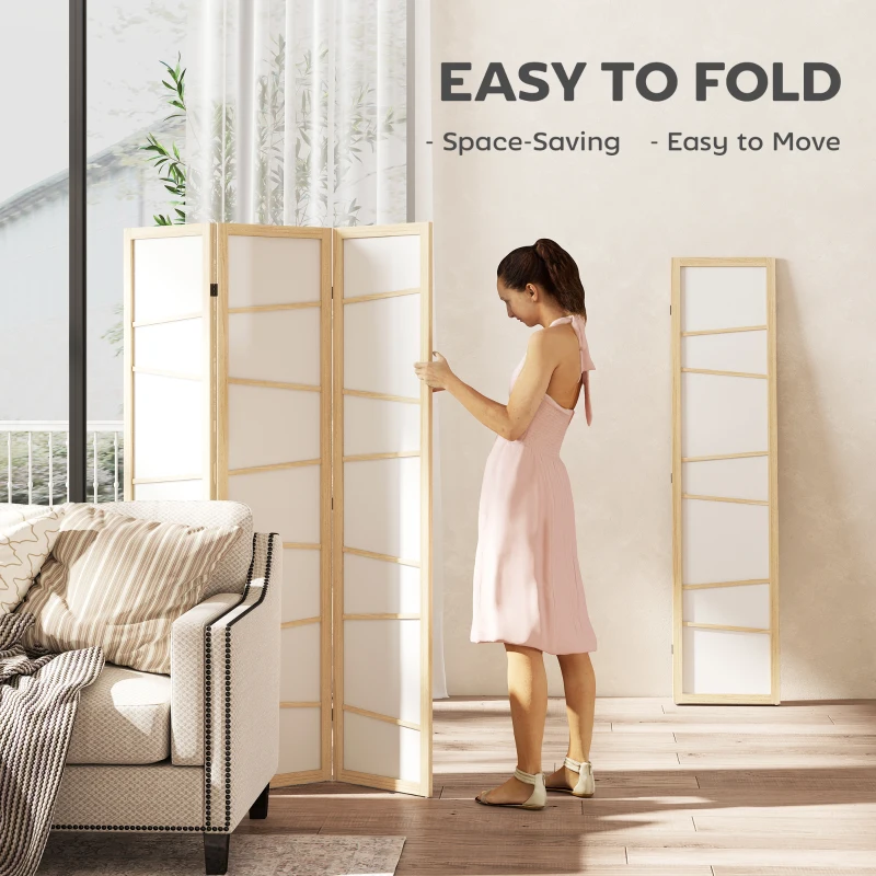 HOMCOM 66.9" Folding Room Divider, 3 Panel Wall Partition with Wood Frame for Bedroom, Home Office, Natural Wood