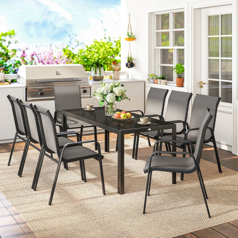 Outsunny 9 Pieces Patio Set with Stackable Chairs, Patio Dining Set with Glass Top for Garden, Patio, Backyard, Dark Grey