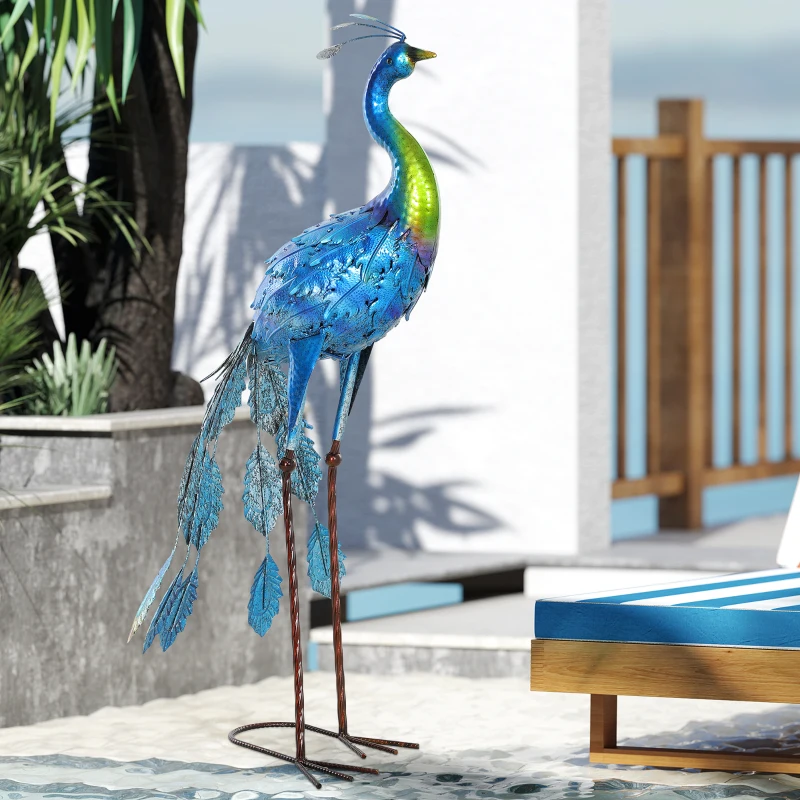 Outsunny Peacock Garden Statue, 32.7" Standing Lawn Ornament Bird Statue with Stakes for Lawn Navy Blue