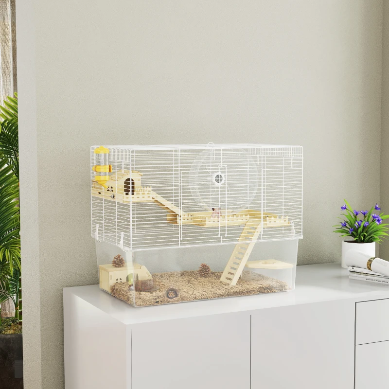 PawHut Hamster Cage with Deep Bottom, Wooden Ramp, Hut, Bathroom and Exercise Wheel for Hamster and Gerbil, White