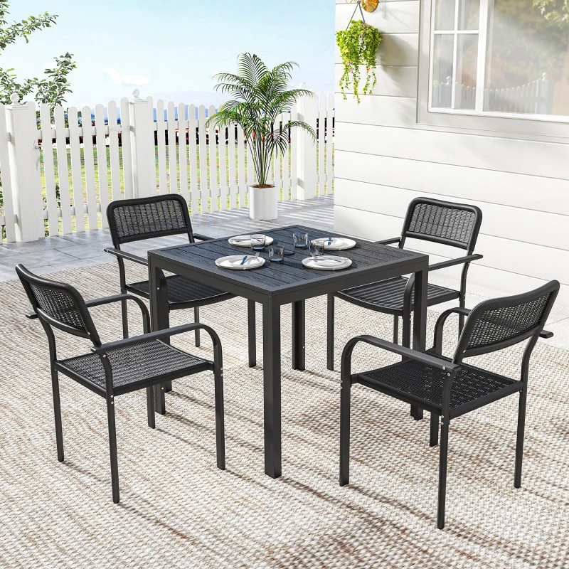 Outsunny Outdoor Dining Set for 4, Faux Wood Metal Patio Table and Stackable Chairs with Plastic Rattan Effect Seat, Black