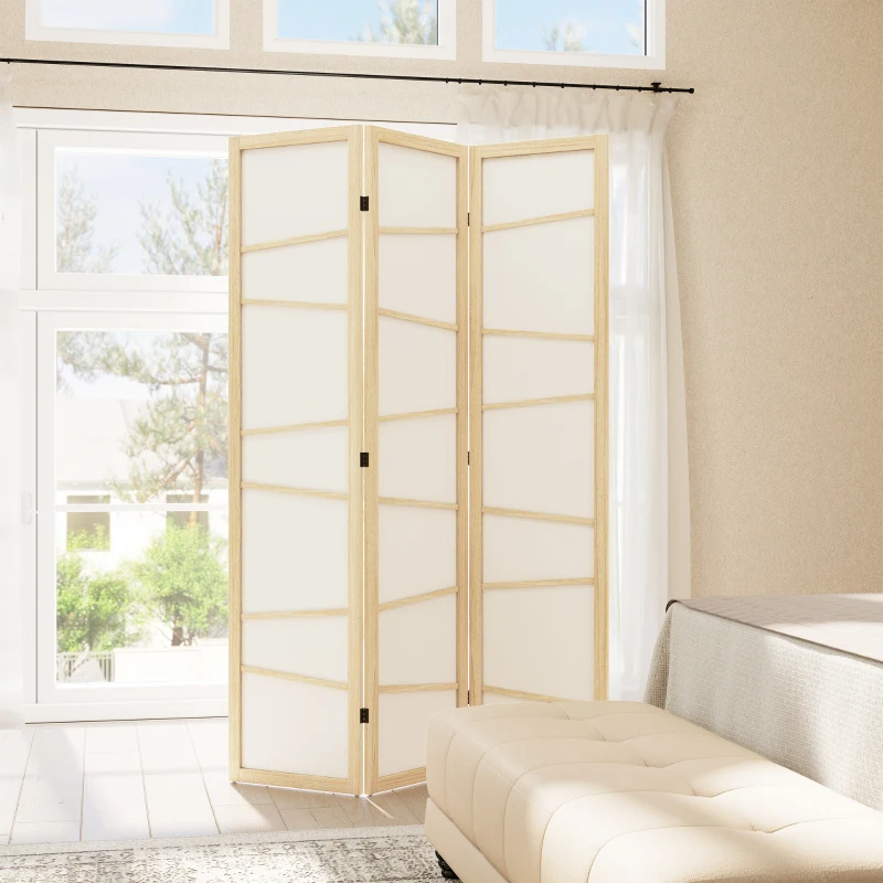 HOMCOM 66.9" Folding Room Divider, 3 Panel Wall Partition with Wood Frame for Bedroom, Home Office, Natural Wood