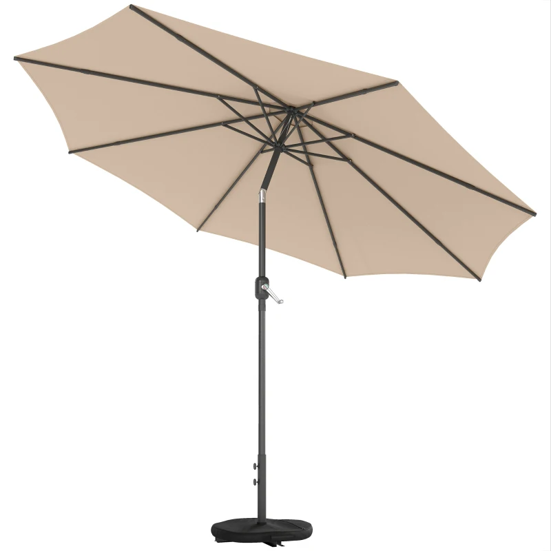 Outsunny 10' x 10' Round Market Umbrella with Base and Sandbag, Patio Umbrella with Crank Handle and Tilt, Khaki