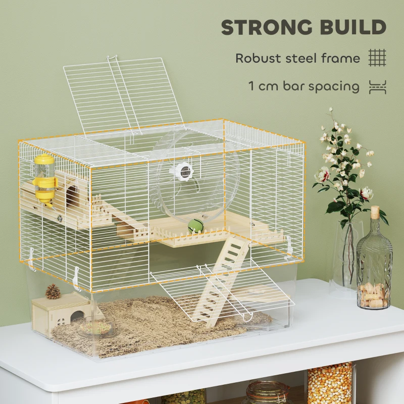 PawHut Hamster Cage with Deep Bottom, Wooden Ramp, Hut, Bathroom and Exercise Wheel for Hamster and Gerbil, White