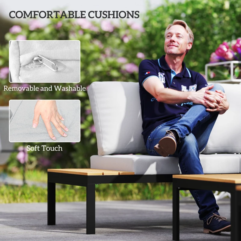 Outsunny 4 Piece L Shaped Garden Furniture Set, 4 Seater Outdoor Corner Garden Set, 2 Loveseats, 2 Coffee Tables, Teak