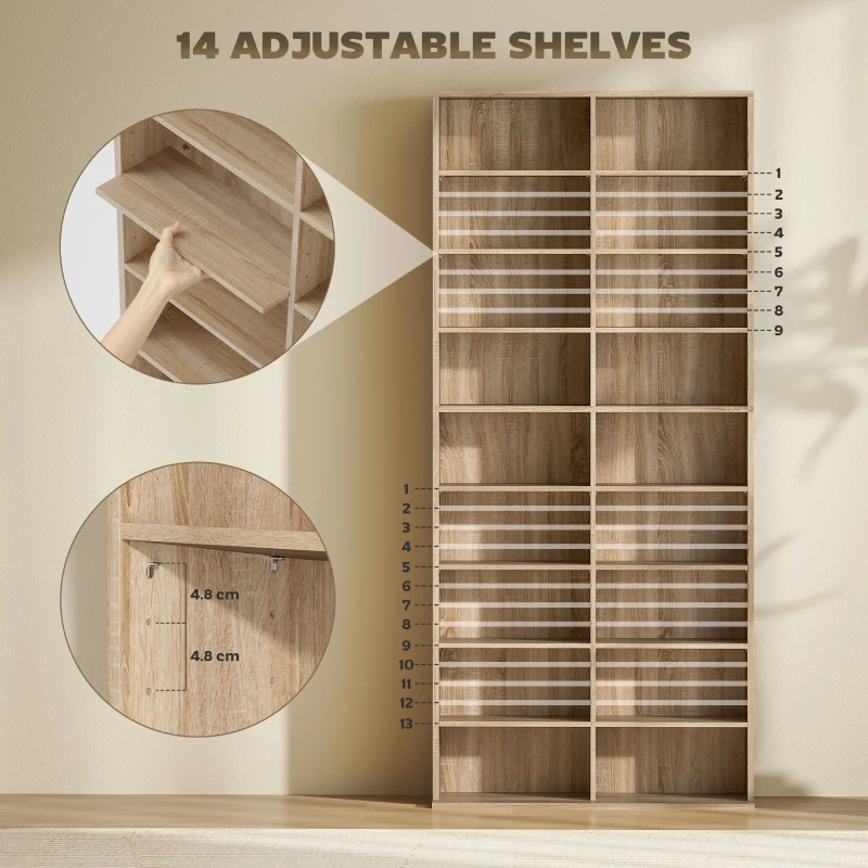HOMCOM 9-Tier DVD Shelf with 18 Compartments and 14 Adjustable Shelves, Holds 640 CDs, 360 DVDs or 430 Blu-rays, Natural Wood