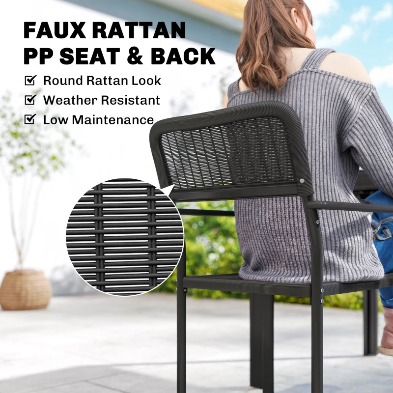 Outsunny Outdoor Dining Set for 4, Faux Wood Metal Patio Table and Stackable Chairs with Plastic Rattan Effect Seat, Black