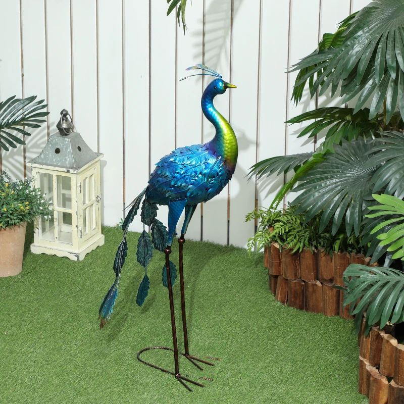 Outsunny Peacock Garden Statue, 32.7" Standing Lawn Ornament Bird Statue with Stakes for Lawn Navy Blue