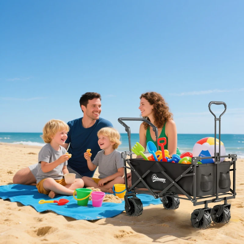 Outsunny 80L Folding Wagon Cart with Wheels, Heavy-Duty Collapsible Wagon with Removable Canopy, Adjustable Handle, Black