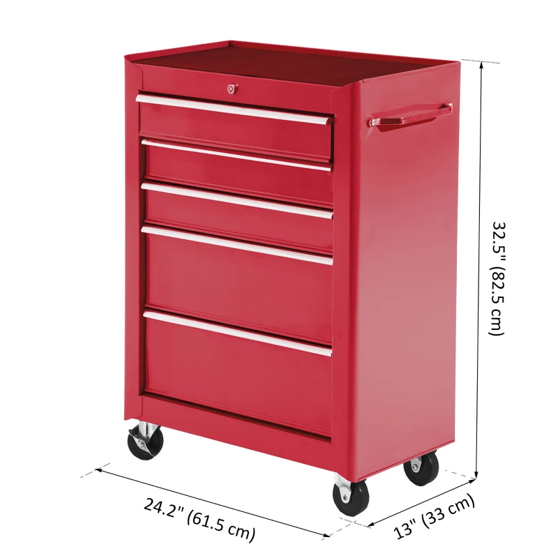 HOMCOM 5-Drawer Rolling Tool Cabinet on Wheels, Lockable Tool Chest, Tool Organizer for Garage, Factory and Workshop, Red