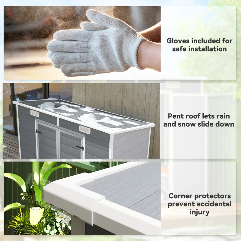 Outsunny 8' x 4' Plastic Outdoor Storage Shed with Floor, Window, Lockable Doors and Vents for Backyard Patio Lawn, Gray(m-9)