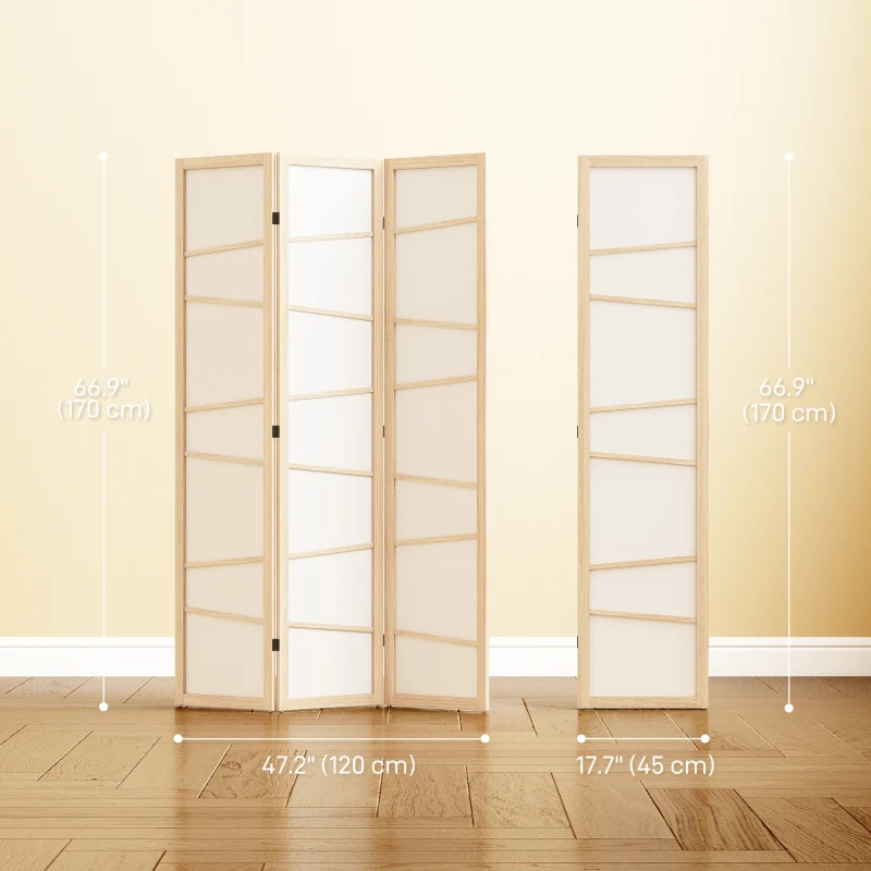 HOMCOM 66.9" Folding Room Divider, 3 Panel Wall Partition with Wood Frame for Bedroom, Home Office, Natural Wood