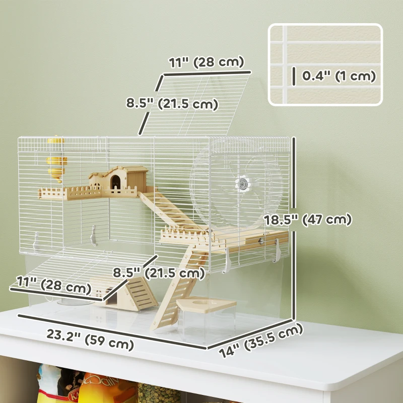 PawHut Hamster Cage with Deep Bottom, Wooden Ramp, Hut, Bathroom and Exercise Wheel for Hamster and Gerbil, White