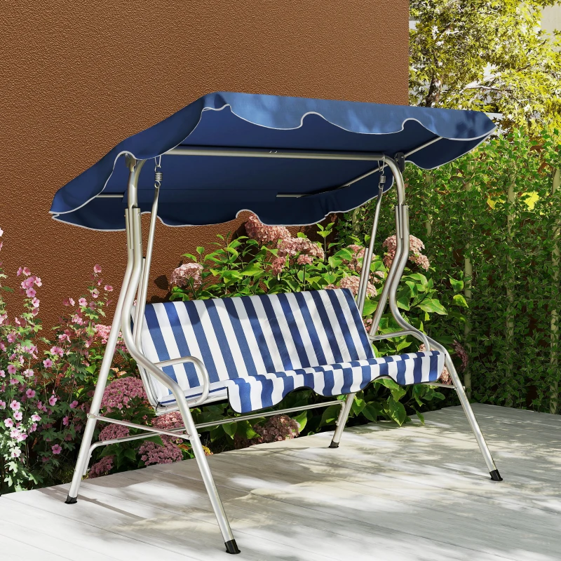 Outsunny 3-Person Porch Swing with Canopy, Patio Swing Chair, Outdoor Canopy Swing Bench with Adjustable Shade, Cushion and Steel Frame, Dark Blue & White Striped