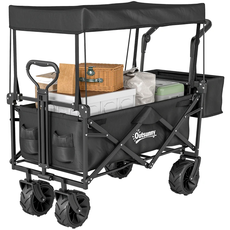 Outsunny 80L Folding Wagon Cart with Wheels, Heavy-Duty Collapsible Wagon with Removable Canopy, Adjustable Handle, Black