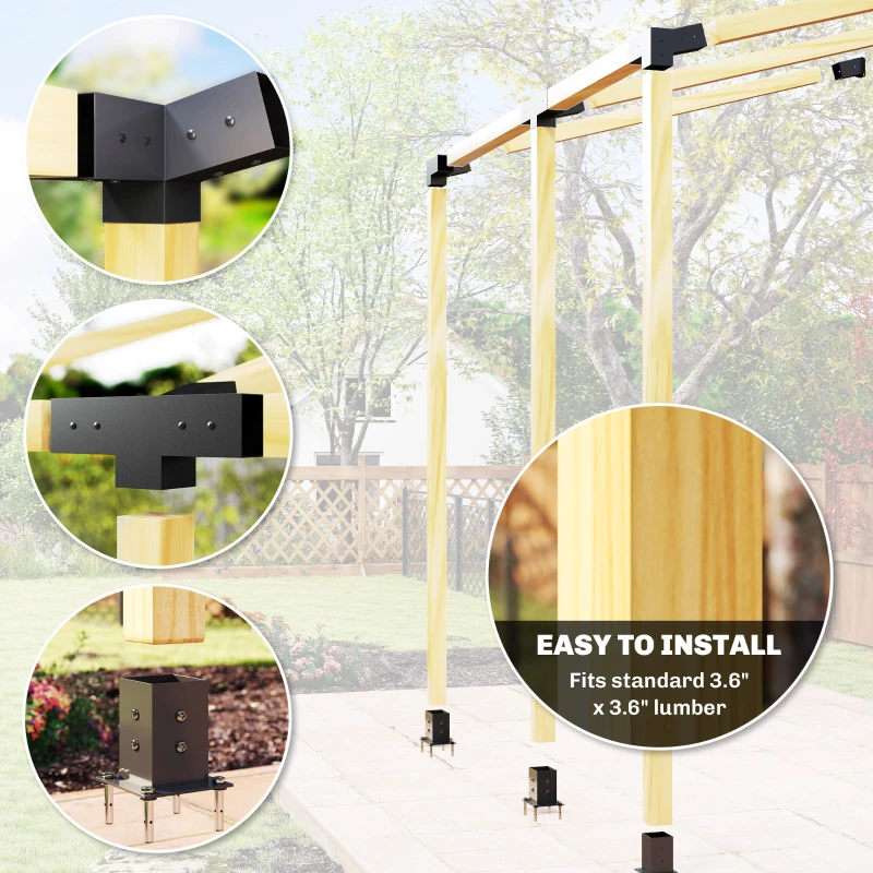 Outsunny Pergola Kit, 15° Slanted Pergola Brackets w/ 4-Way/3-Way Brackets, Post Bases, Wall Mounts for 3.6" X 3.6" Lumber, Black