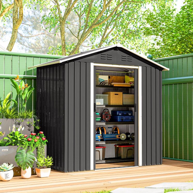 Outsunny 6.5x3.5ft Metal Garden Storage Shed for Outdoor Tool Storage with Double Sliding Doors and Vents, Dark Grey