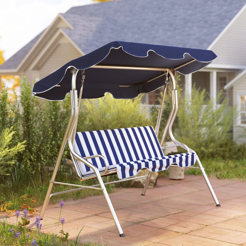 Outsunny 3-Person Porch Swing with Canopy, Patio Swing Chair, Outdoor Canopy Swing Bench with Adjustable Shade, Cushion and Steel Frame, Dark Blue & White Striped