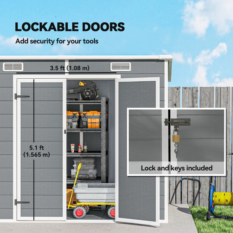 Outsunny 8' x 4' Plastic Outdoor Storage Shed with Floor, Window, Lockable Doors and Vents for Backyard Patio Lawn, Gray(m-8)