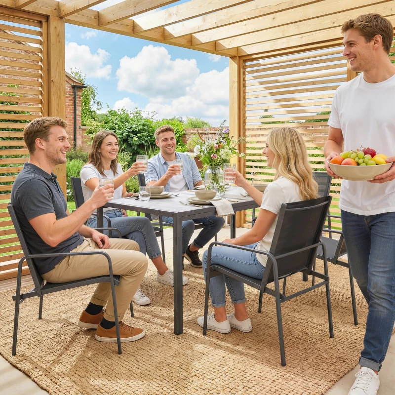 Outsunny Outdoor Dining Set for 6, Faux Wood Patio Table and Chairs with Breathable Mesh Seat, Galvanized Steel Frame, Black