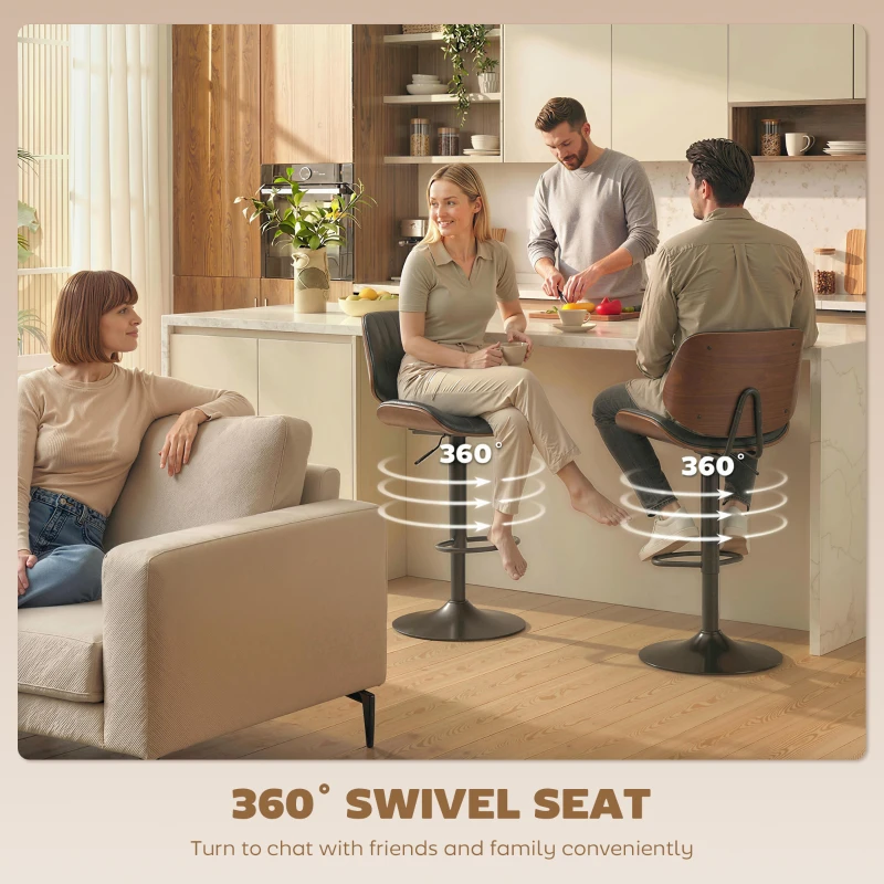 HOMCOM Bar Stools Set of 2, Swivel Counter Height Barstools with Back, Adjustable Height, Black