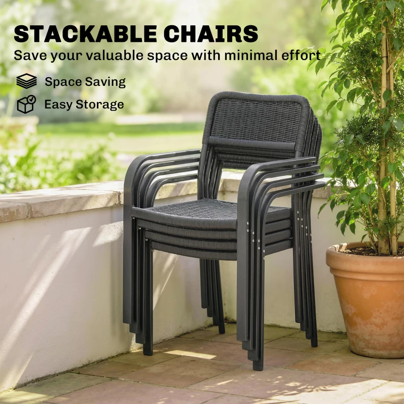 Outsunny Outdoor Dining Set for 4, Faux Wood Metal Patio Table and Stackable Chairs with Plastic Rattan Effect Seat, Black