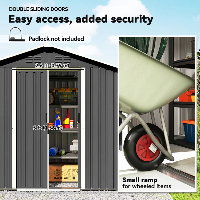 Outsunny 6.5x3.5ft Metal Garden Storage Shed for Outdoor Tool Storage with Double Sliding Doors and Vents, Dark Grey