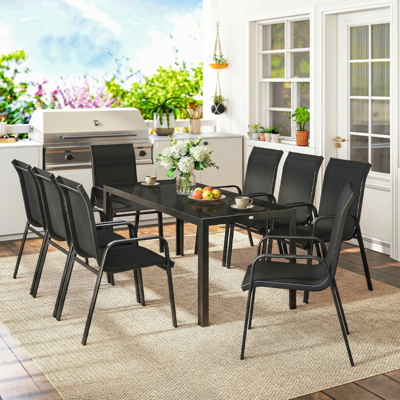 Outsunny 9 Pieces Patio Set with Stackable Chairs, Patio Dining Set with Glass Top for Garden, Patio, Backyard, Black