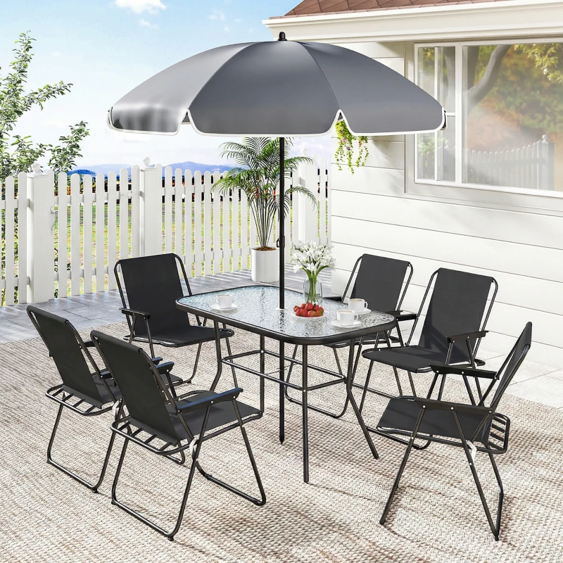 Outsunny 8 Piece Patio Table and Chairs Set with Folding Chairs, Tempered Glass Tabletop and Umbrella for Garden, Black