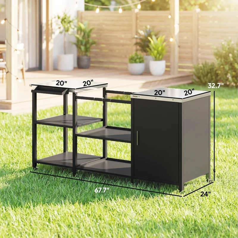 Outsunny Grill Table for Big Green Egg Grill, Heavy Duty Metal BBQ Prep Table with Stainless Steel Top and Storage Cabinet, Black