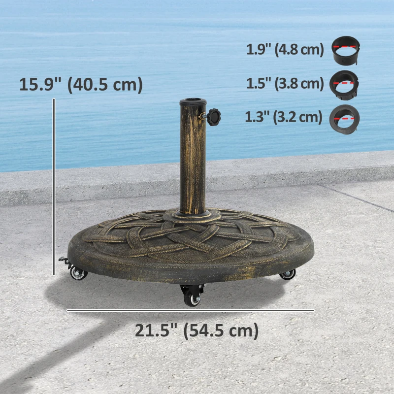 Outsunny Round Patio Umbrella Base with Wheels, 44 lbs Resin Umbrella Stand Base, 1.3"/1.5"/1.9" Umbrella Poles Bronze