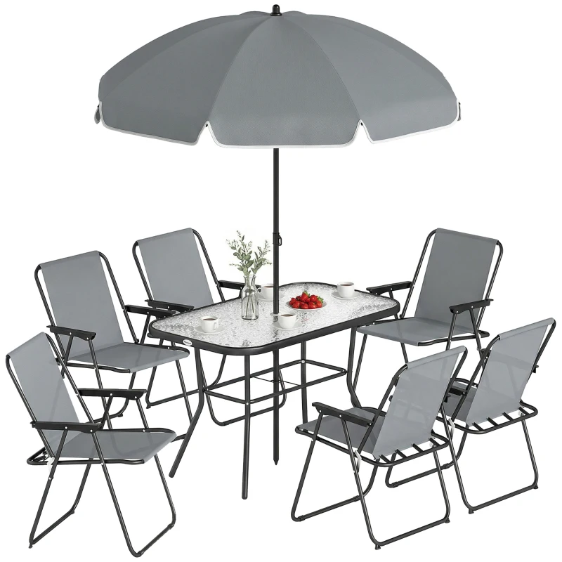 Outsunny 8 Piece Patio Table and Chairs Set with Folding Chairs, Tempered Glass Tabletop and Umbrella for Garden, Grey