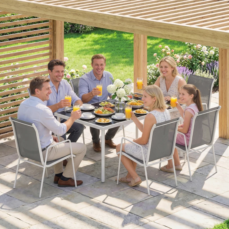 Outsunny 7 Piece Garden Dining Set, Garden Furniture Set with Rectangle Table and 6 Stackable Chairs