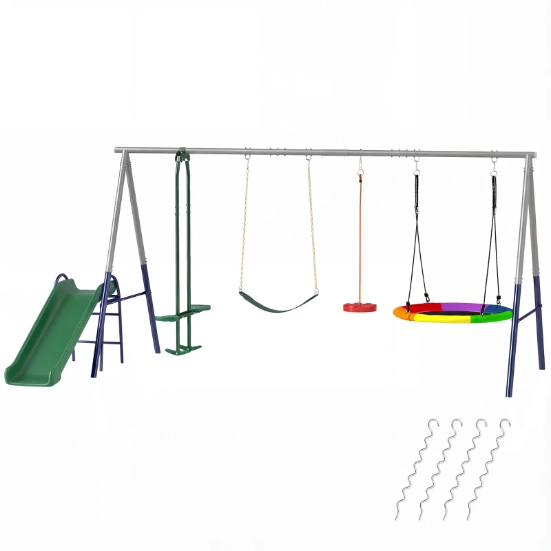 Qaba 5-in-1 Kids Swing Set with Slide, Swings and Glider for Backyard, 770lbs Capacity, for Ages 3-8, Multicolour
