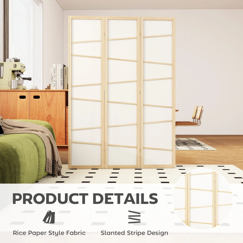 HOMCOM 66.9" Folding Room Divider, 3 Panel Wall Partition with Wood Frame for Bedroom, Home Office, Natural Wood