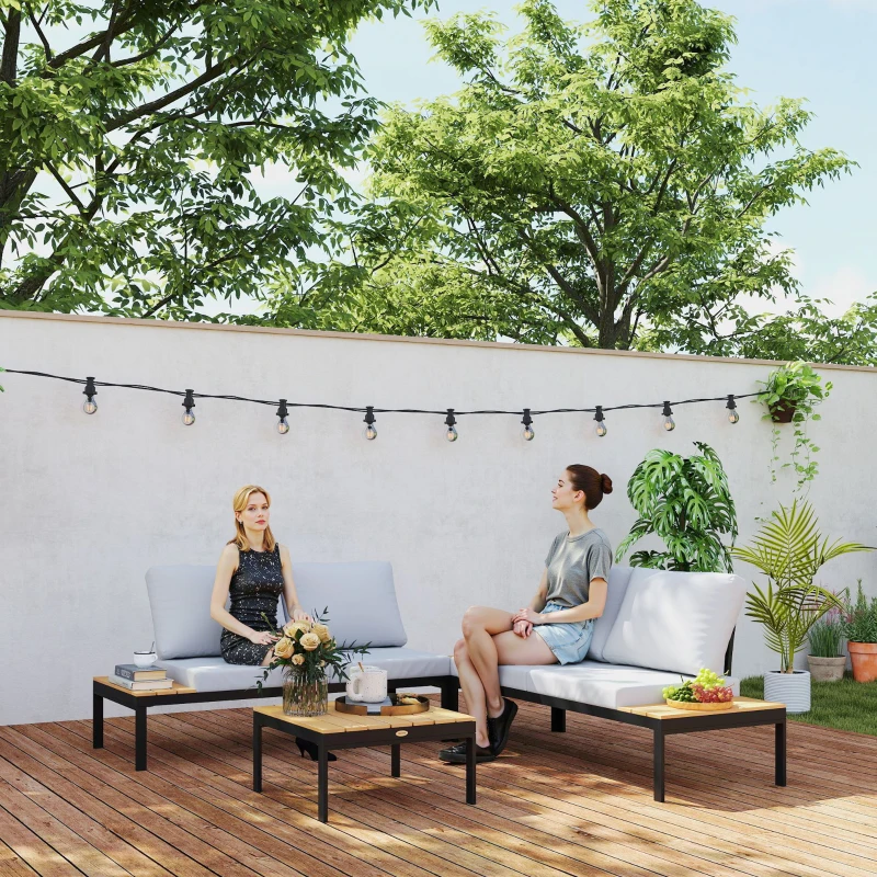 Outsunny 4 Piece L Shaped Garden Furniture Set, 4 Seater Outdoor Corner Garden Set, 2 Loveseats, 2 Coffee Tables, Teak