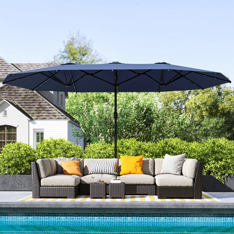 Outsunny Garden Parasol 14.4ft Double-Sided Sun Umbrella with Base, Patio Parasol with LED Solar Lights, Navy Blue
