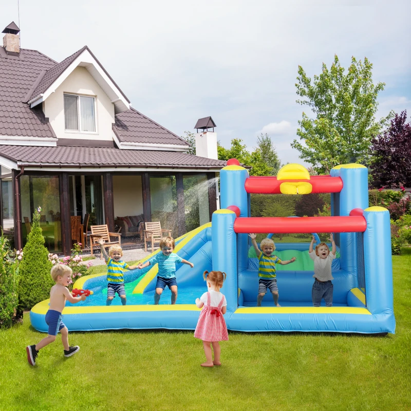Qaba Inflatable Water Slide Bounce House w/ 550W Blower, Large Trampoline, Splash Pool, Basketball Hoop, Dart Board