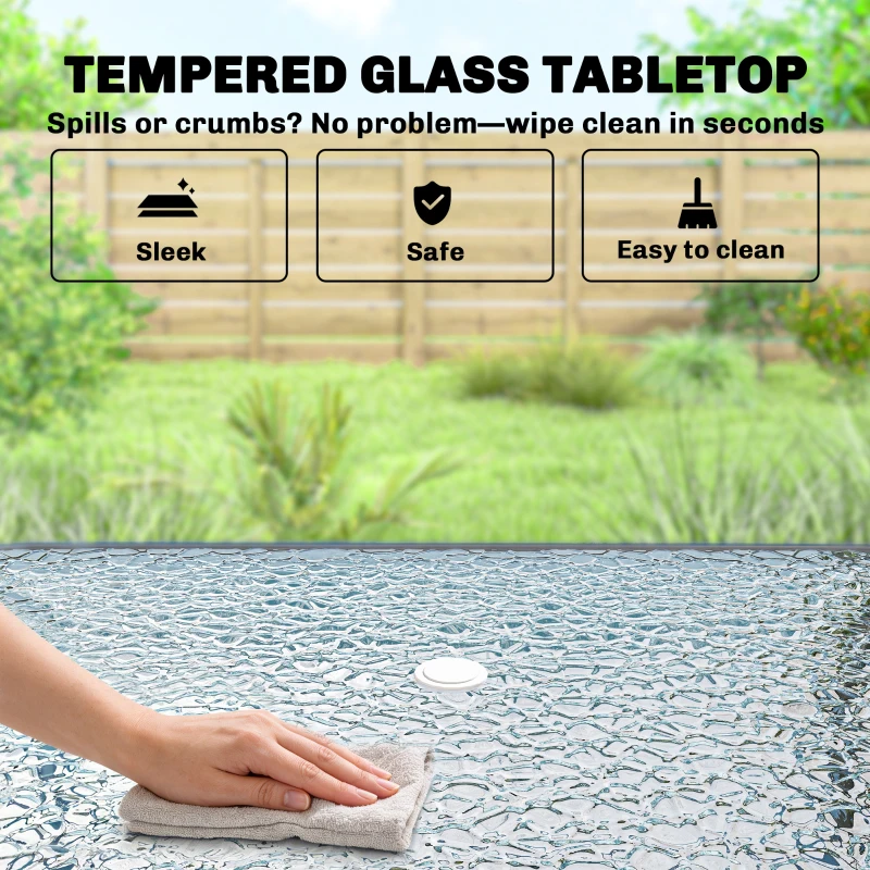 Outsunny 8 Piece Patio Table and Chairs Set with Folding Chairs, Tempered Glass Tabletop and Umbrella for Garden, Black