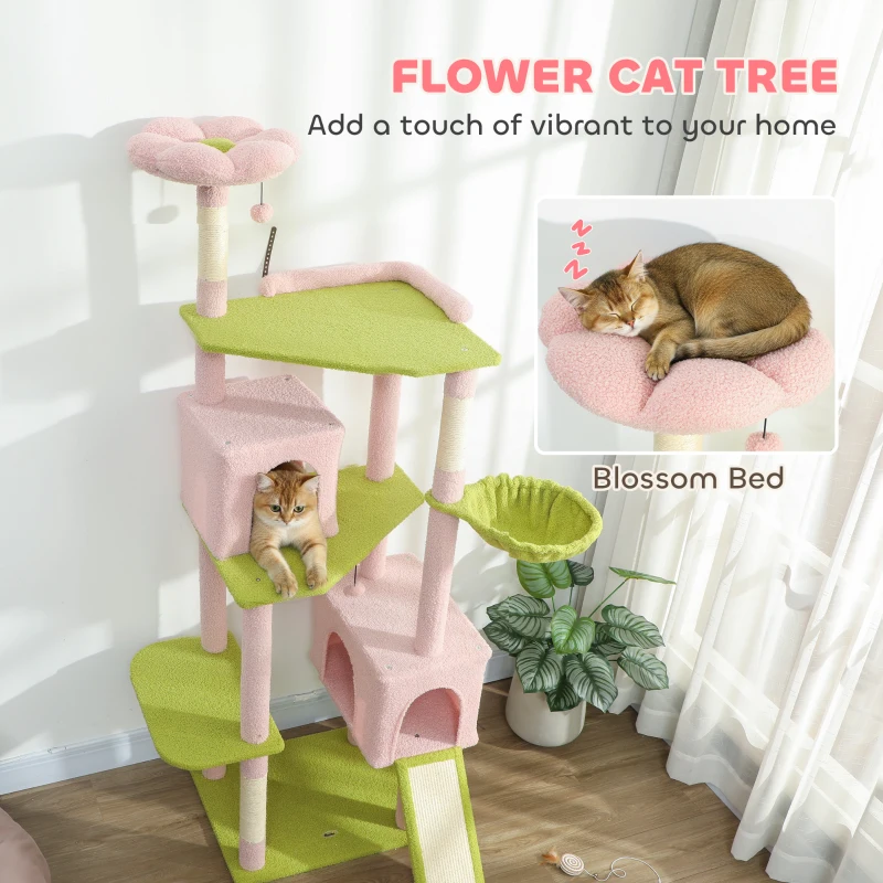 PawHut 74" Flower Cat Tree, Large Cat Tower with Scratching Post & Board for Indoor Cats, Pink
